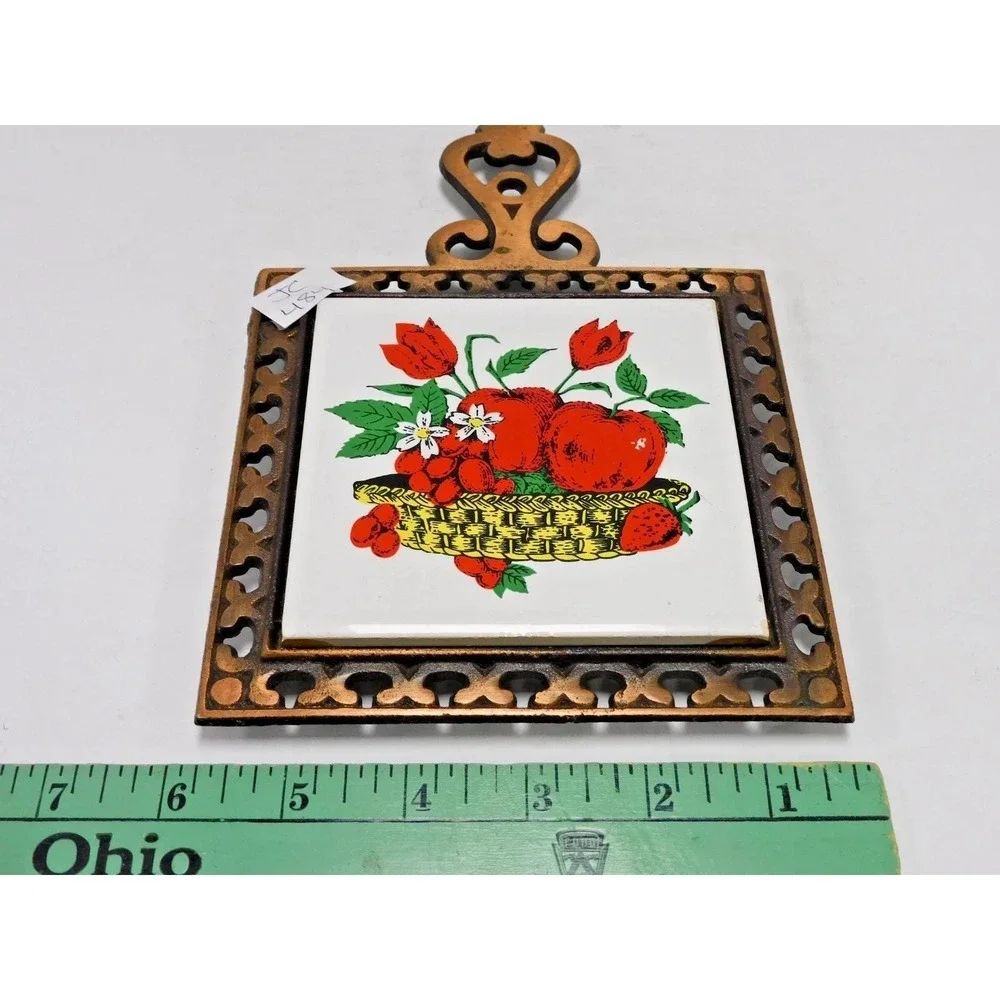 Vintage 1970's Cast Iron & Ceramic Tile Trivet Assorted Vegetables JC484